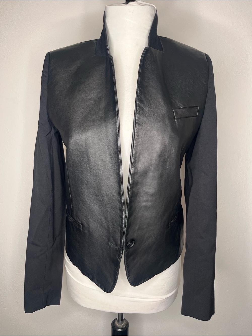 The Kooples Black Leather-Front Blazer Jacket with Fabric Sleeves